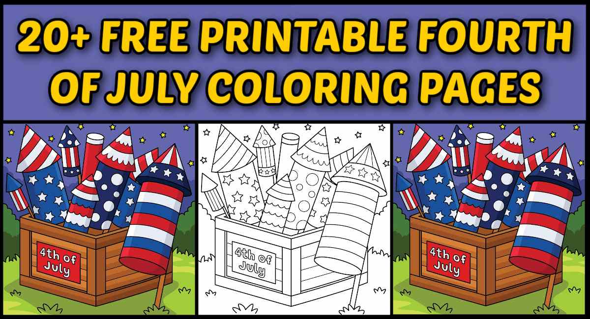 A 4th of July coloring pages printable collage with three images of fireworks, two colored in and one blank, with text over it that says 20+ free printable Fourth of July coloring pages.