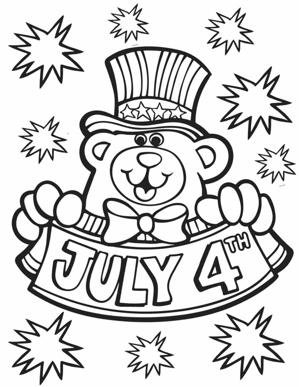 A Fourth of July coloring pages free printable with a bear in the center, holding a banner that says July 4th, surrounded by firework blasts.