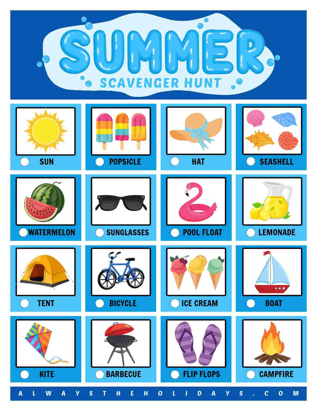 A scavenger hunt for summer that has 16 photos of summer items in it, with a bubble text overlay that says summer scavenger hunt at the top.