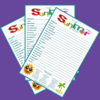 Three summer word scrambles fanned out over a purple background.