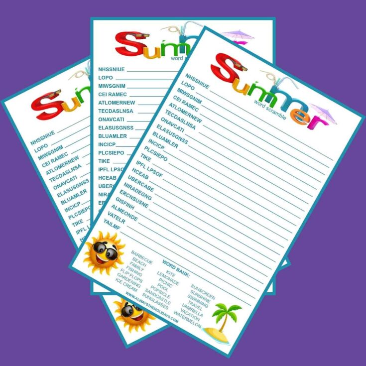 Three summer word scrambles fanned out over a purple background.