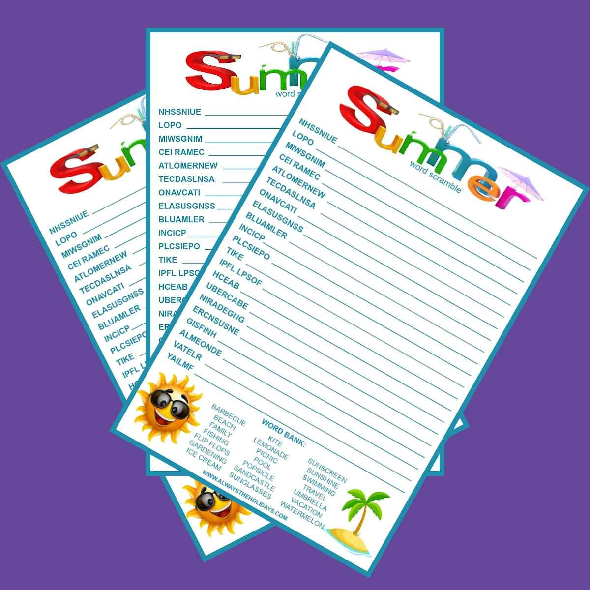 Three summer word scrambles fanned out over a purple background.