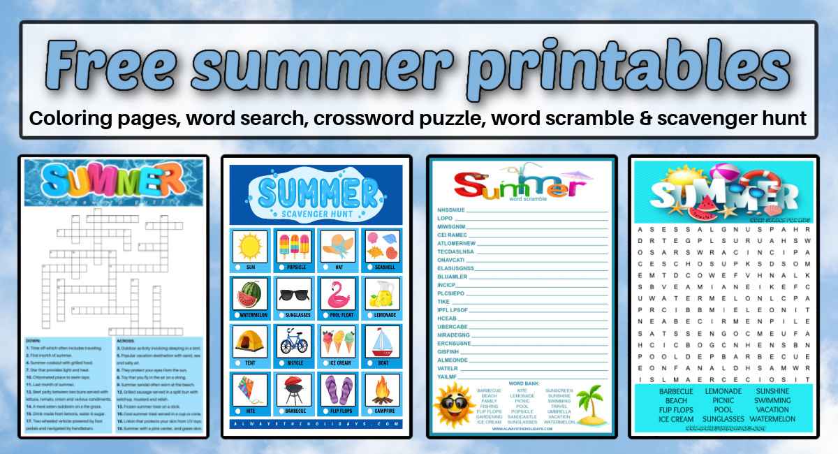 Photos of four free summer bucket list ideas including a summer crossword puzzle, scavenger hunt, word scramble and word search with a text overlay about it that says free summer printables.
