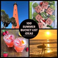 A collage of for ideas for a bucket list for summer including visiting a lighthouse, making homemade popsicles, surfing, and making a tropical mocktail with a black circle in the center of the four images with text that says 100 summer bucket list ideas in it.