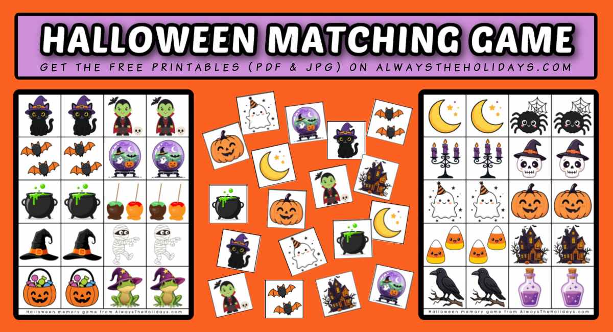 Two free Halloween memory game printables with cut out matching cards inbetween the two images, with a text overlay at the top that says Halloween matching game in white bubble lettering in a light purple box above the images.