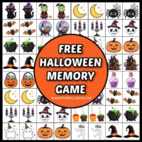 A square filled with Halloween matching game printable cards, with an orange circle in the center of them that has a white bubble text overlay that says free Halloween memory game.