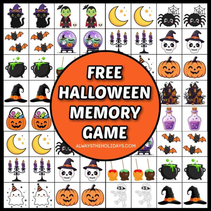 A square filled with Halloween matching game printable cards, with an orange circle in the center of them that has a white bubble text overlay that says free Halloween memory game.