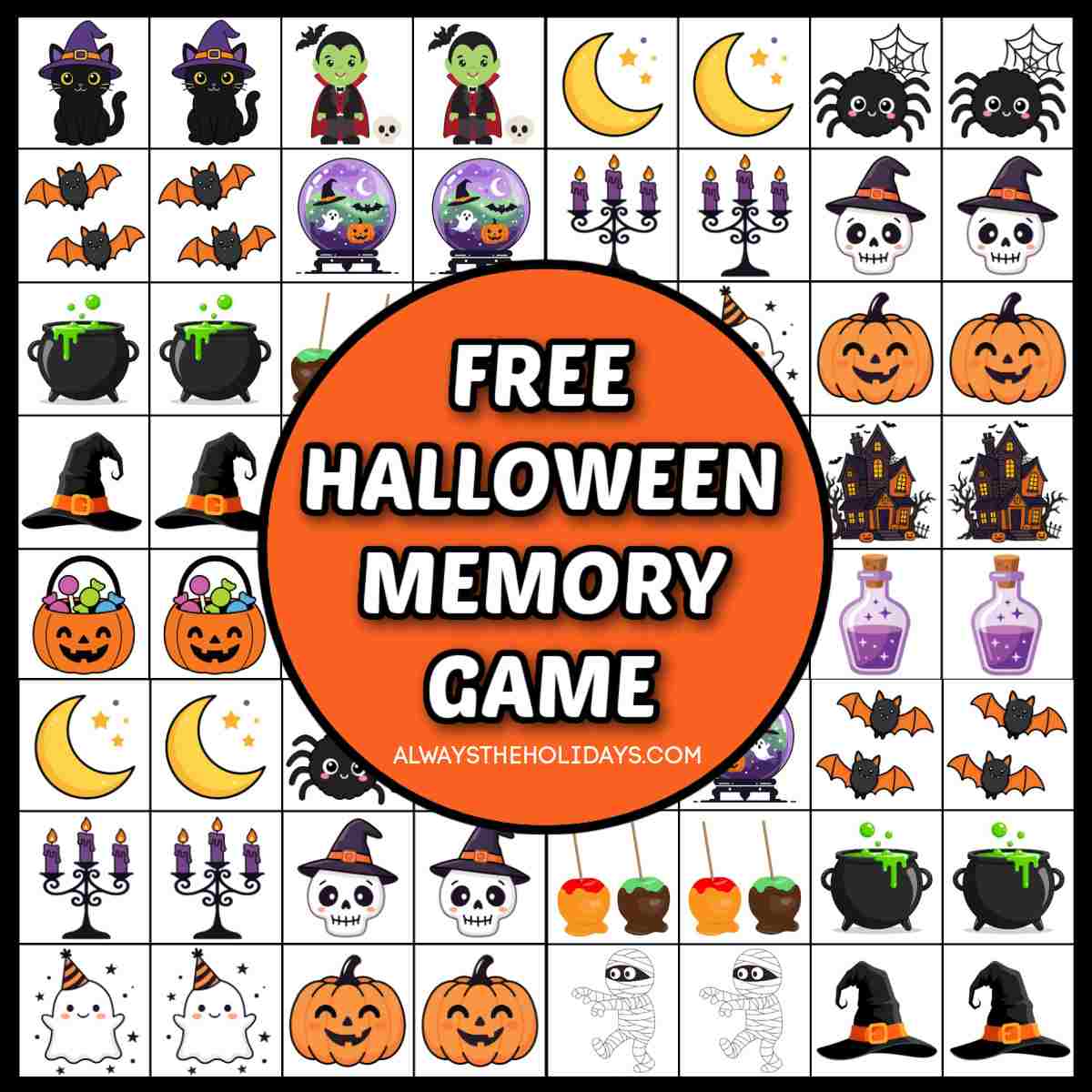 A square filled with Halloween matching game printable cards, with an orange circle in the center of them that has a white bubble text overlay that says free Halloween memory game. 