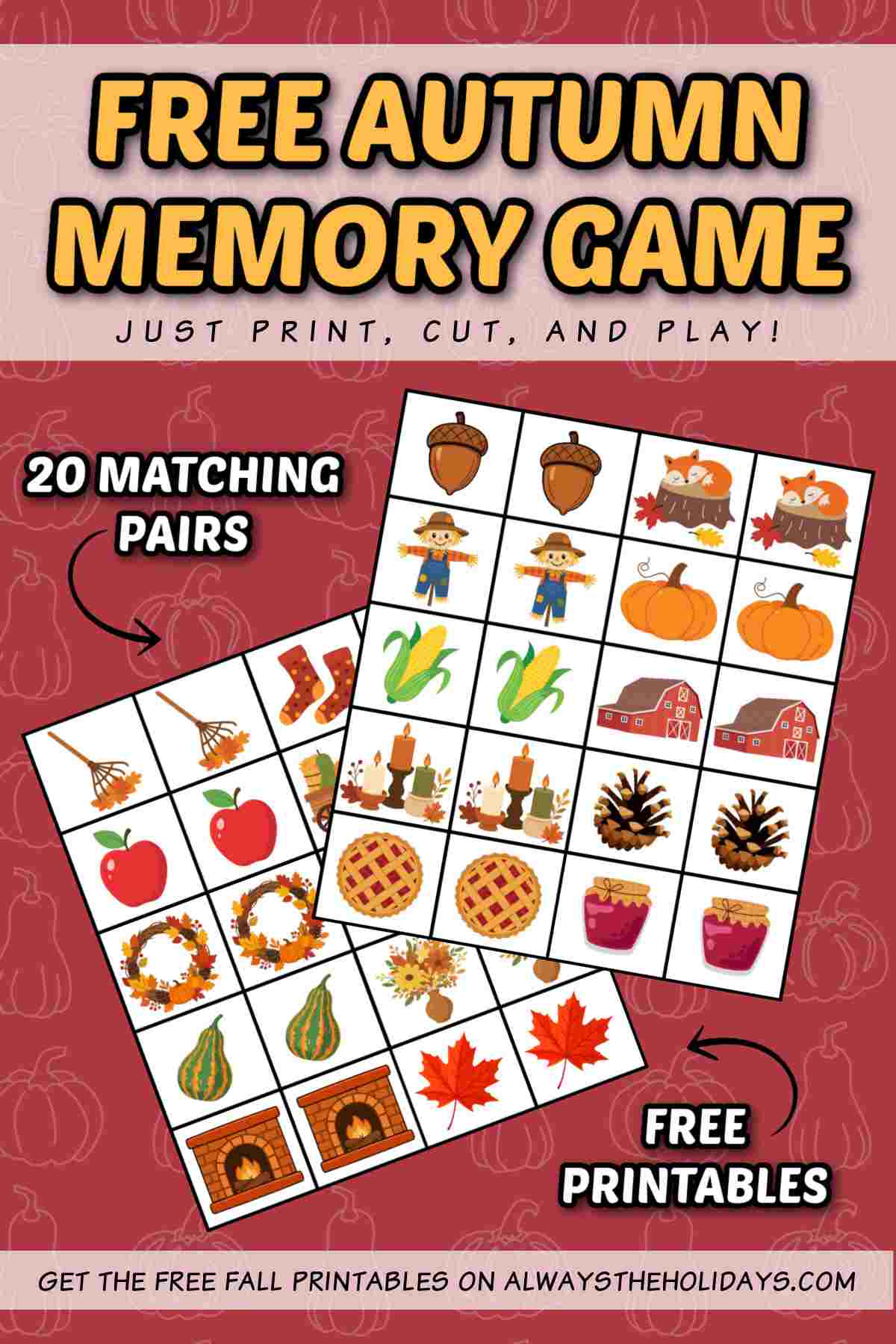 Two free fall memory game printables in the center of a reddish background with squash outlines on it, and a white rectangle at the top that has a yellow text overlay that says free autumn memory game on it.