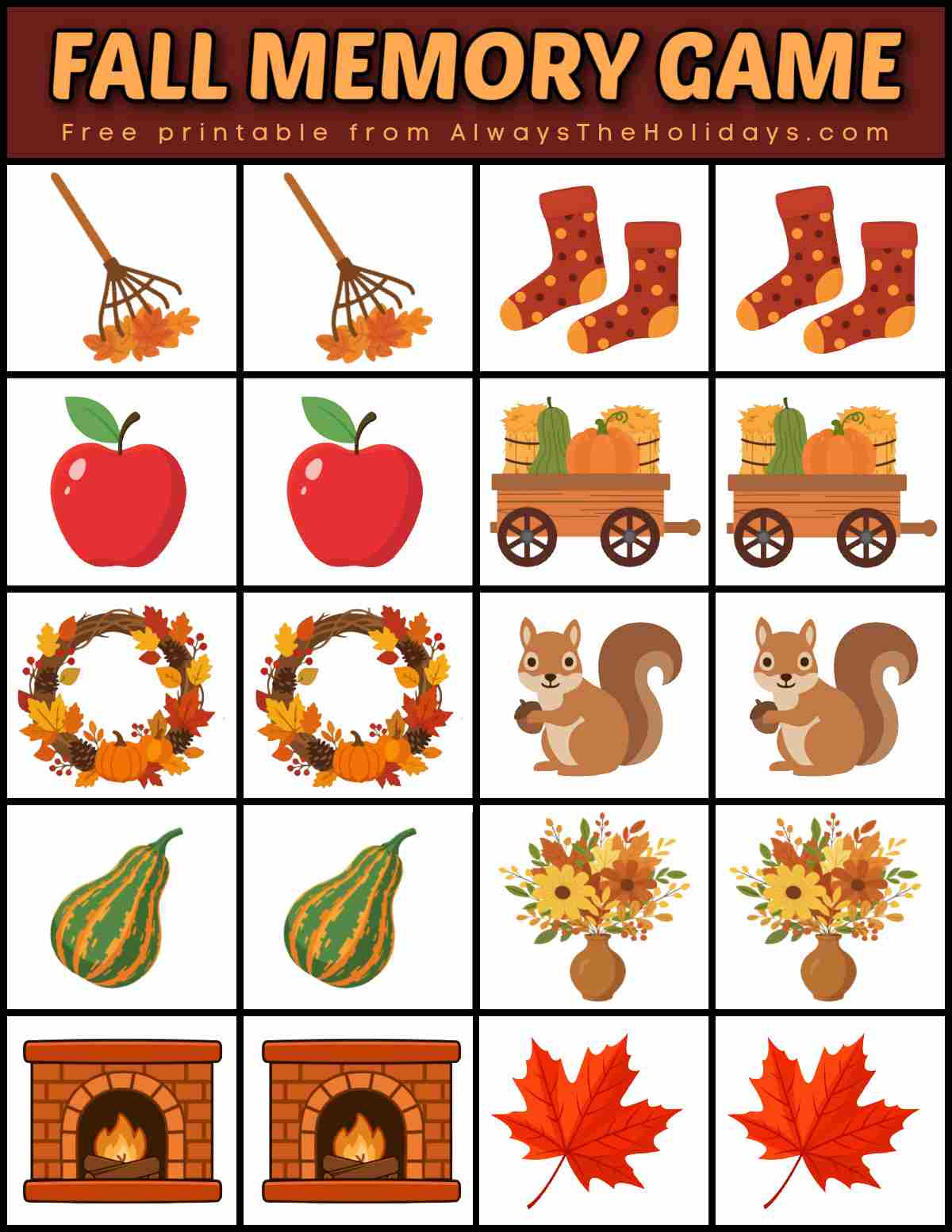 A fall matching game printable that has 10 matching pairs of images including raking leaves, fall socks, red apples, fall wagons, fall wreaths, squirrels, squash, fall flowers, fireplaces, and two red leaves, under a burgundy rectangle with a yellow text overlay on it that says fall memory game on it.