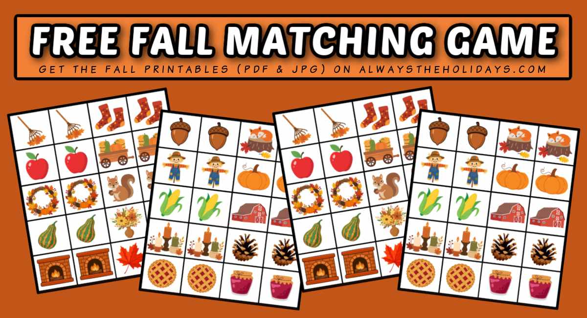An orange background with a light orange rectangle at the top with a white text overlay that says free fall matching game, with four free fall printables under it.
