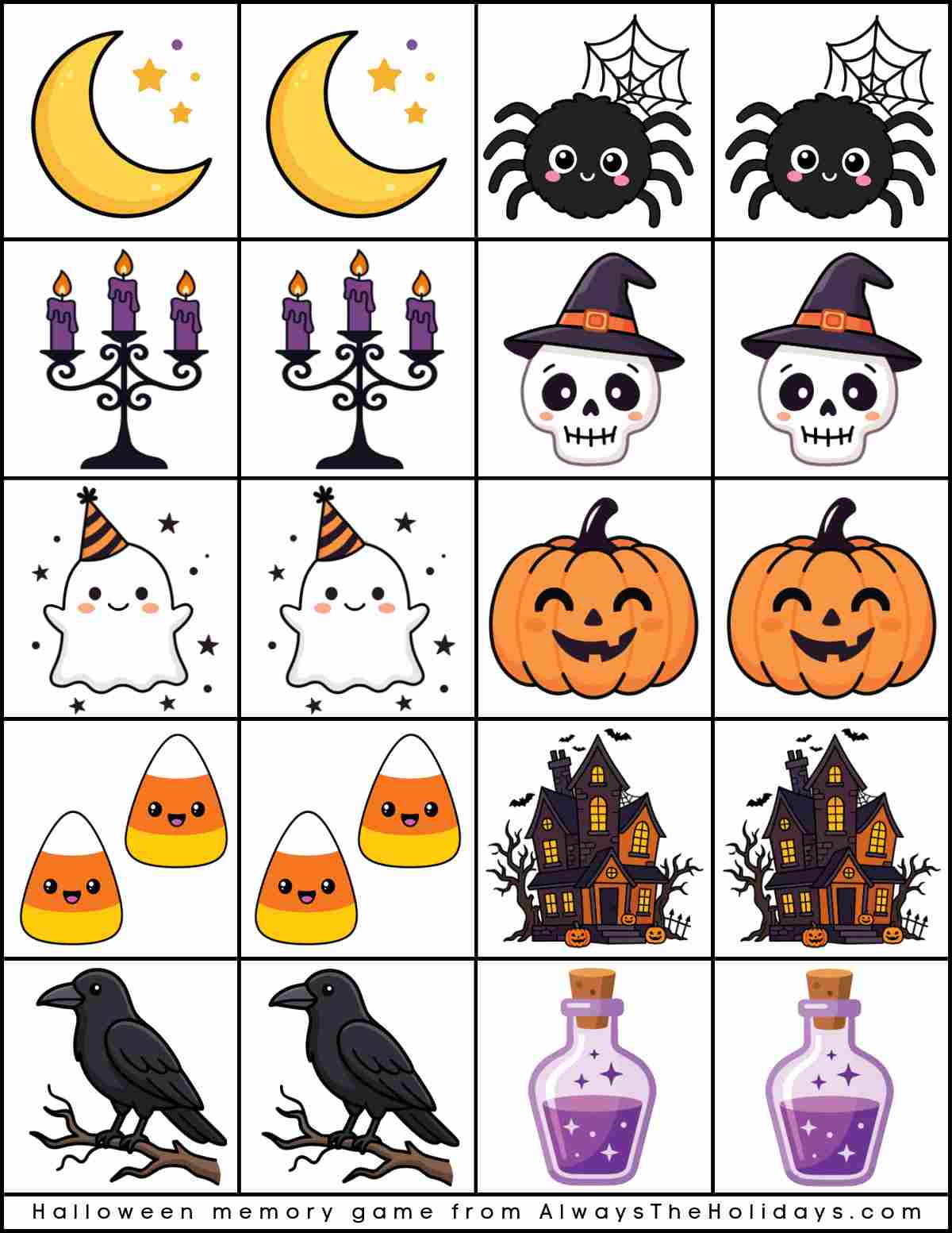 One sheet of a free printable Halloween matching game with 10 matching pairs of images in white boxes with black outlines, including moons, spiders, candelabras, skulls wearing witch hats, ghosts, pumpkins, candy corn, haunted houses, crows and potions.