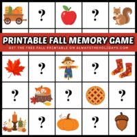 A free printable matching game that has half of the squares turned over, and the other half face down, with a reddish brown rectangle across the matching game that says printable fall memory game in white bubble letters on it, with smaller white text underneath that says get the free fall printable on alwaystheholidays.com