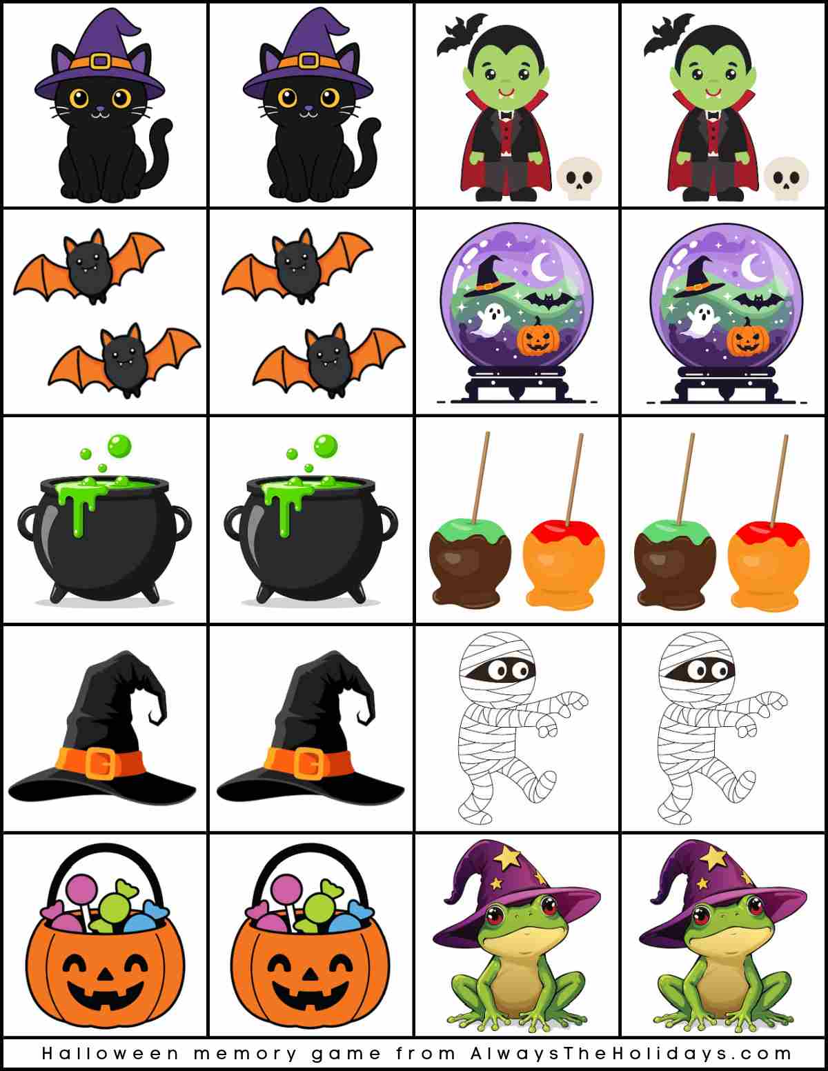 One sheet of a Halloween printable memory game that has 10 matching pairs of images in white boxes with black outlines, including black cats, a vampire, bats, a crystal ball, a cauldron, caramel apples, witch hats, mummies, jack o lantern buckets, and frogs with a witch hat.
