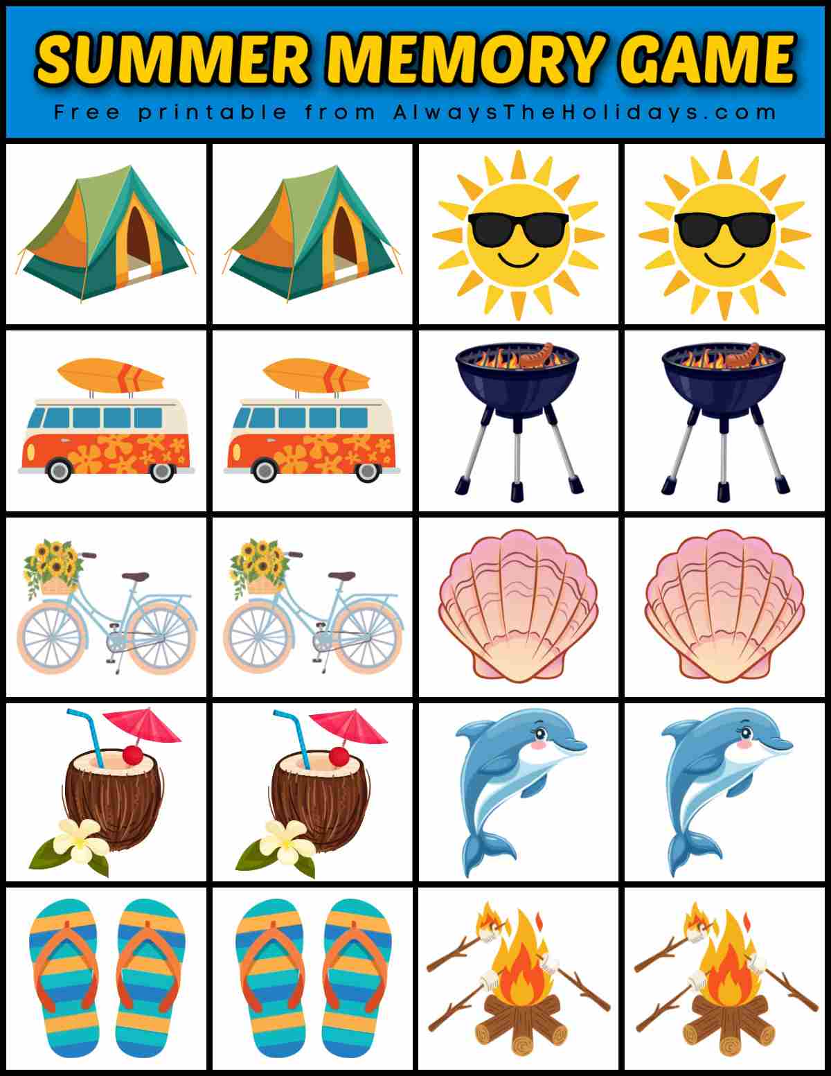 One sheet of a free summer memory game printable with 10 matching pairs of images in white boxes with black outlines, including suitcases with stickers, starfish, sandcastles, popsicles, flamingo pool floats, beach chairs, lemonade, watermelons, palm trees and sunscreen with a yellow text overlay in a blue rectangle that says summer memory game above the images.
