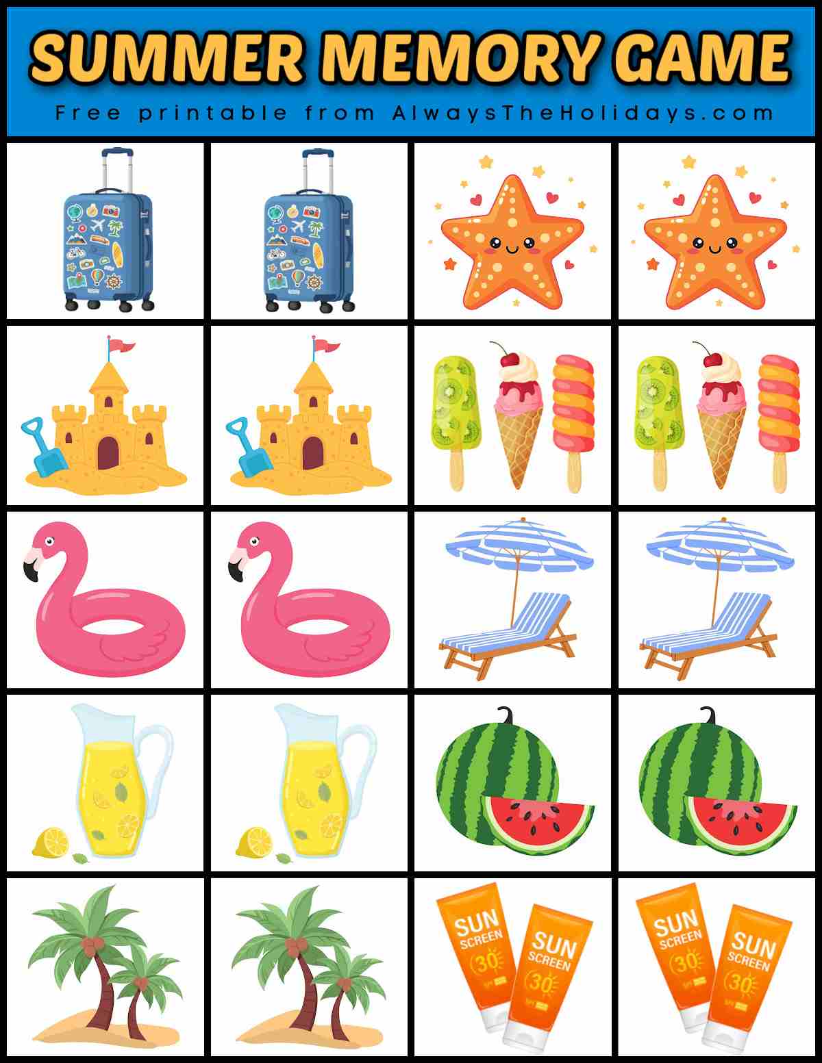 One sheet of a free summer matching game printable that has 10 pairs of images in white boxes with black outlines, including suitcases with stickers, starfish, sandcastles, popsicles, flamingo pool floats, beach chairs, lemonade, watermelons, palm trees and sunscreen with a yellow text overlay in a blue rectangle that says summer memory game above the images.