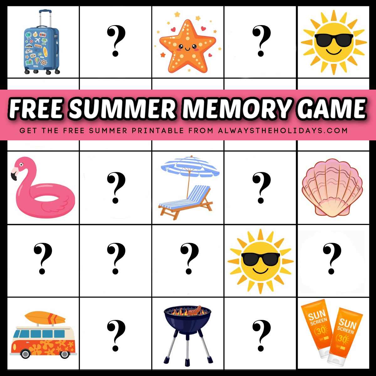 A free summer memory game printable with some of the cards flipped face up, and some of the cards flipped face down, with a text overlay in a pink box across the image.