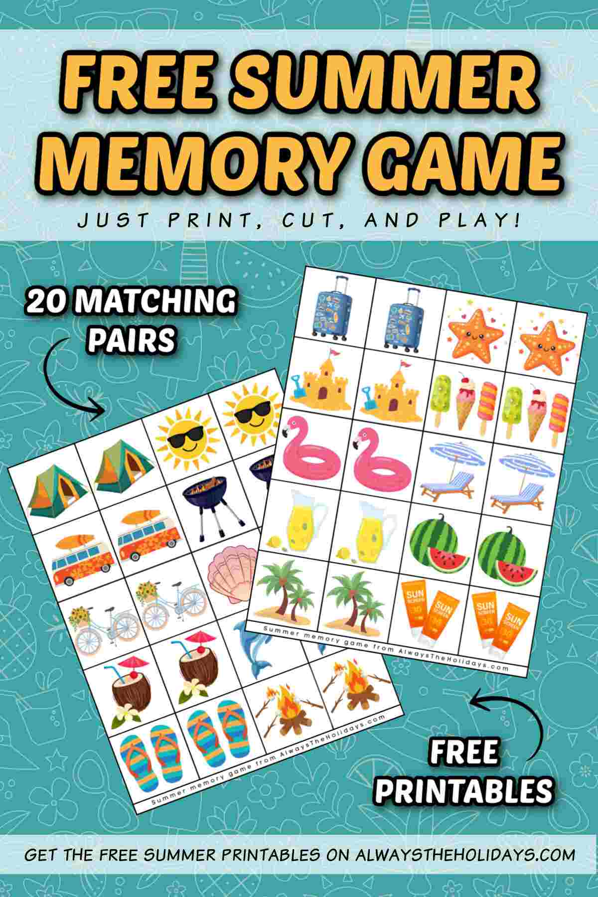 Two printable summer matching game sheets under a yellow bubble text overlay that says free summer memory game.