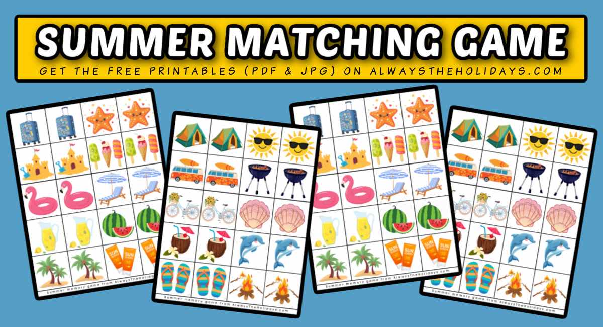 Four printable summer memory game sheets under a white text overlay in a yellow box that says summer matching game. 