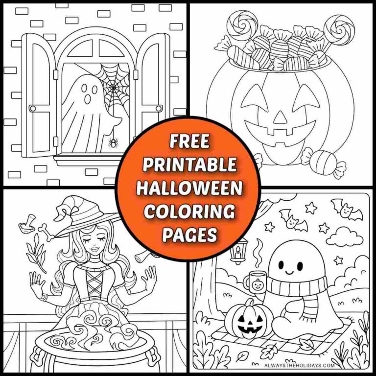 An orange circle with a white text overlay in it that says free printable Halloween coloring pages, over a collage of four Halloween coloring sheets including a ghost and spider coloring page, pumpkin coloring sheet, ghost coloring page and a witch coloring sheet.