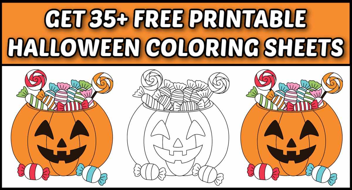 An orange rectangle at the top of the image that says Get 35+ free printable Halloween coloring sheets, above three versions of a pumpkin coloring page, the two on the outside are colored in, and the one in the middle is not colored in.