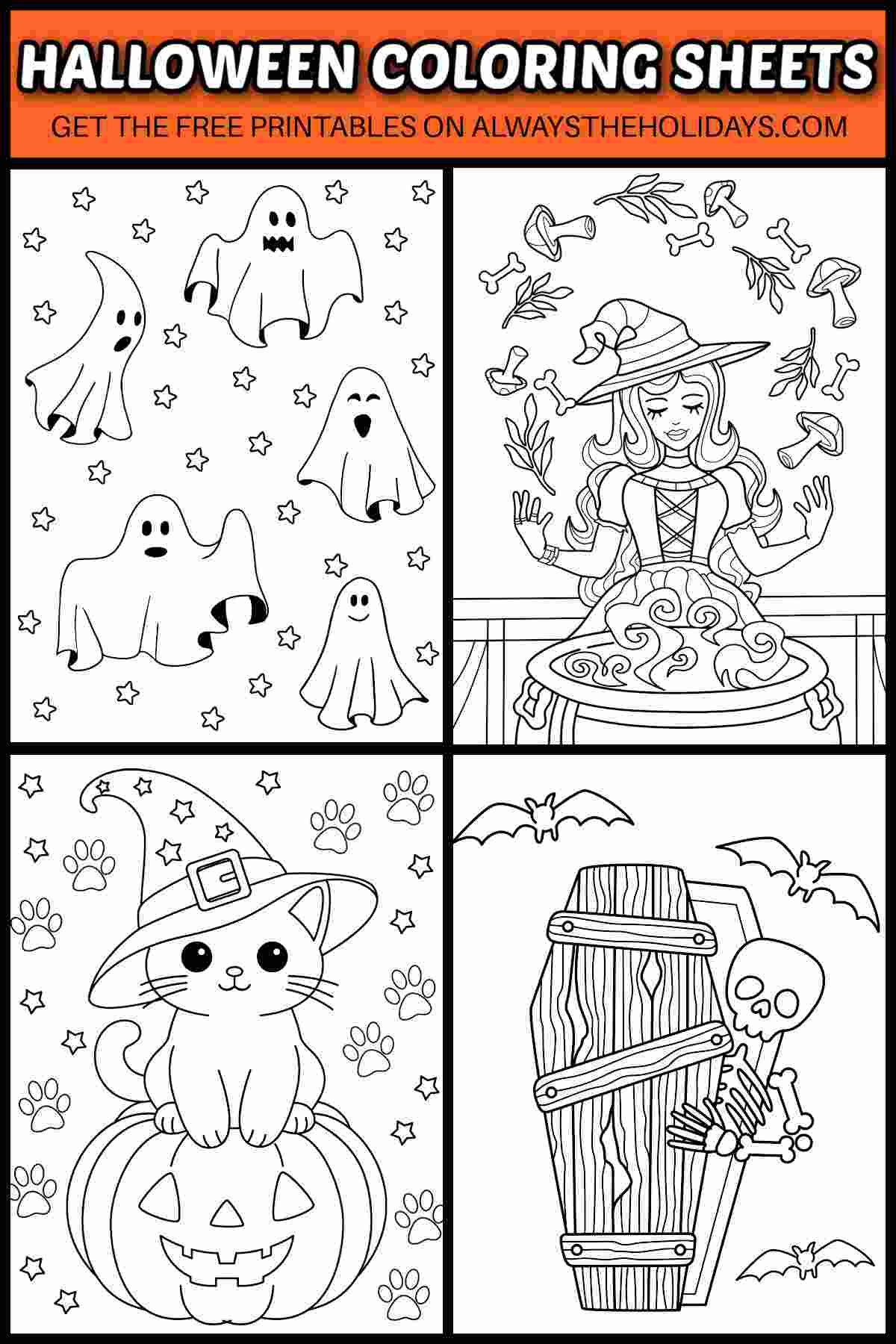 A white text overlay that says Halloween coloring sheets in orange rectangle with a collage of four free printable Halloween coloring pages beneath it including a ghost coloring sheet, witch coloring page, coffin coloring page and a black cat coloring sheet.