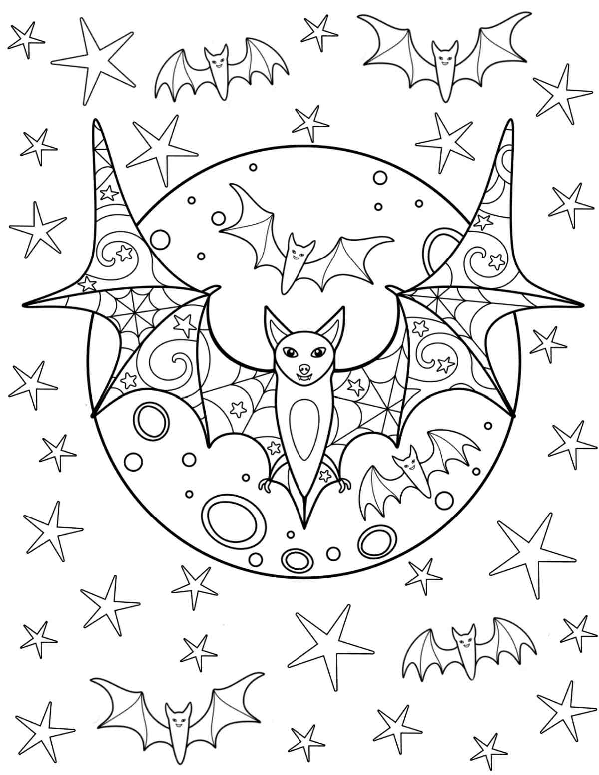 A bat coloring sheets printable for Halloween, with a large moon in the center, with a big bat across it and lots of small bats and stars around it.