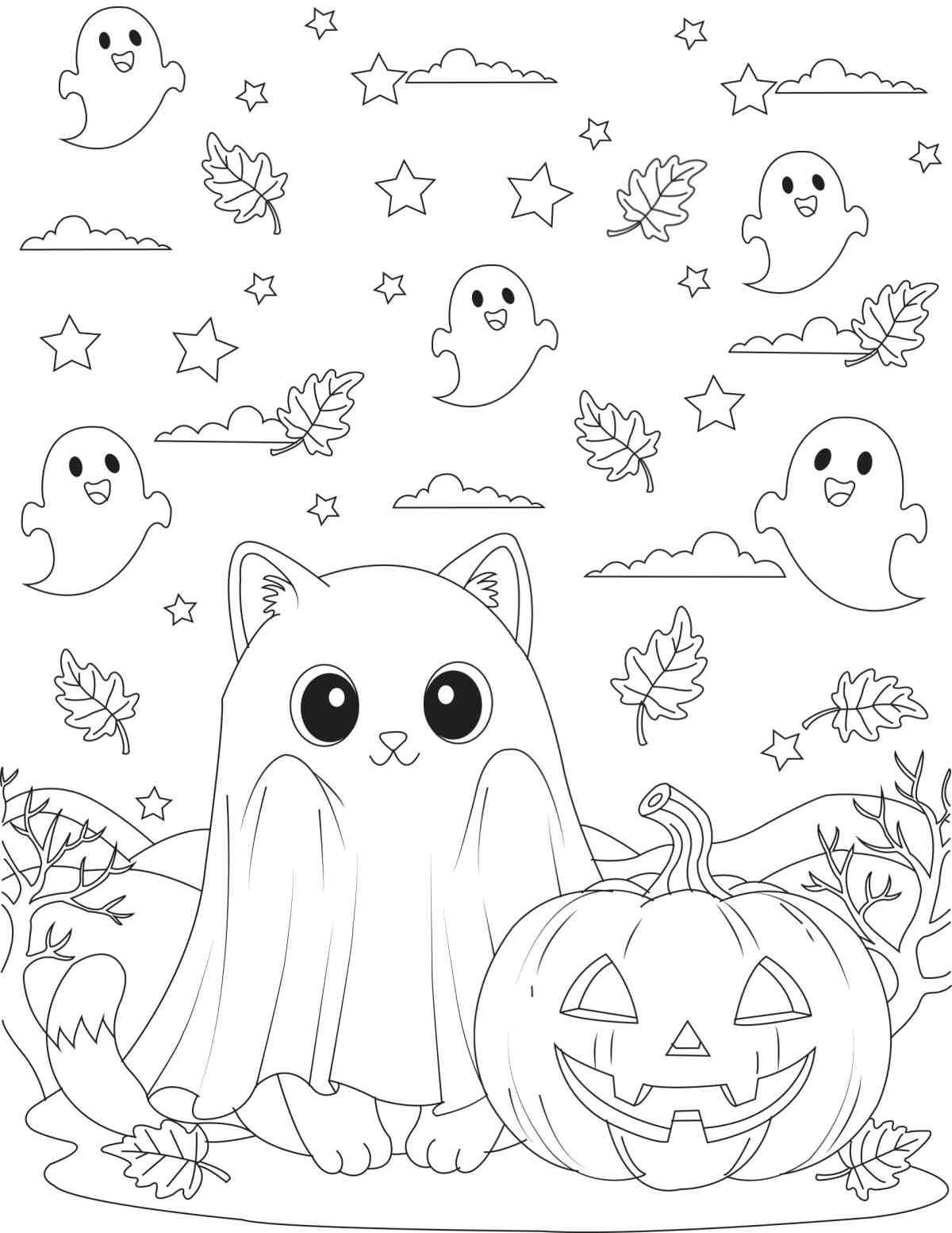 A black cat coloring sheet for Halloween, with a cat wearing a sheet to look like a ghost next to a carved jack o lantern, with ghosts, leaves and clouds floating in the sky above it.