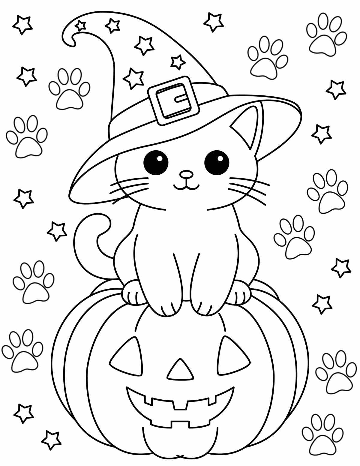 A black cat coloring page for Halloween featuring a cute kitten sitting on a jack o lantern wearing a witches hat, with tiny paw prints and stars around it.