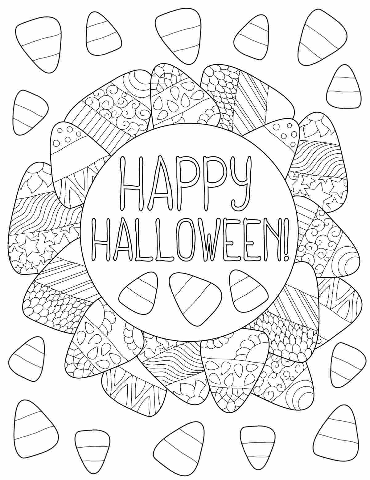 A free printable candy corn coloring page featuring a candy corn wreath with the words happy Halloween in the center, with small pieces of candy corn floating around the wreath.