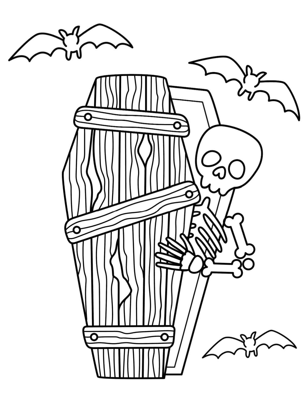 A coffin coloring page where skeleton is climbing out of a wooden coffin that is surrounded by three flying bats.