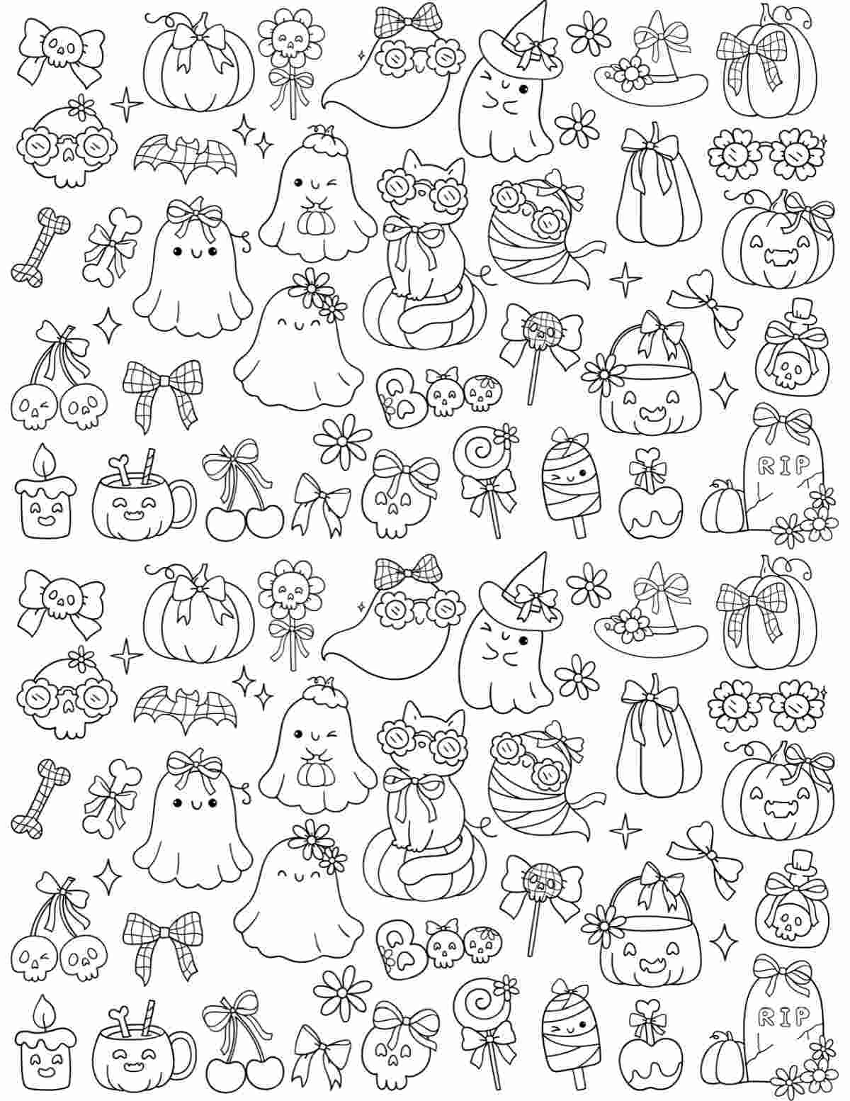 A free ghosts coloring pages with lots of tiny ghosts, pumpkins, skeletons, and cats wearing cute sunglasses and bows.