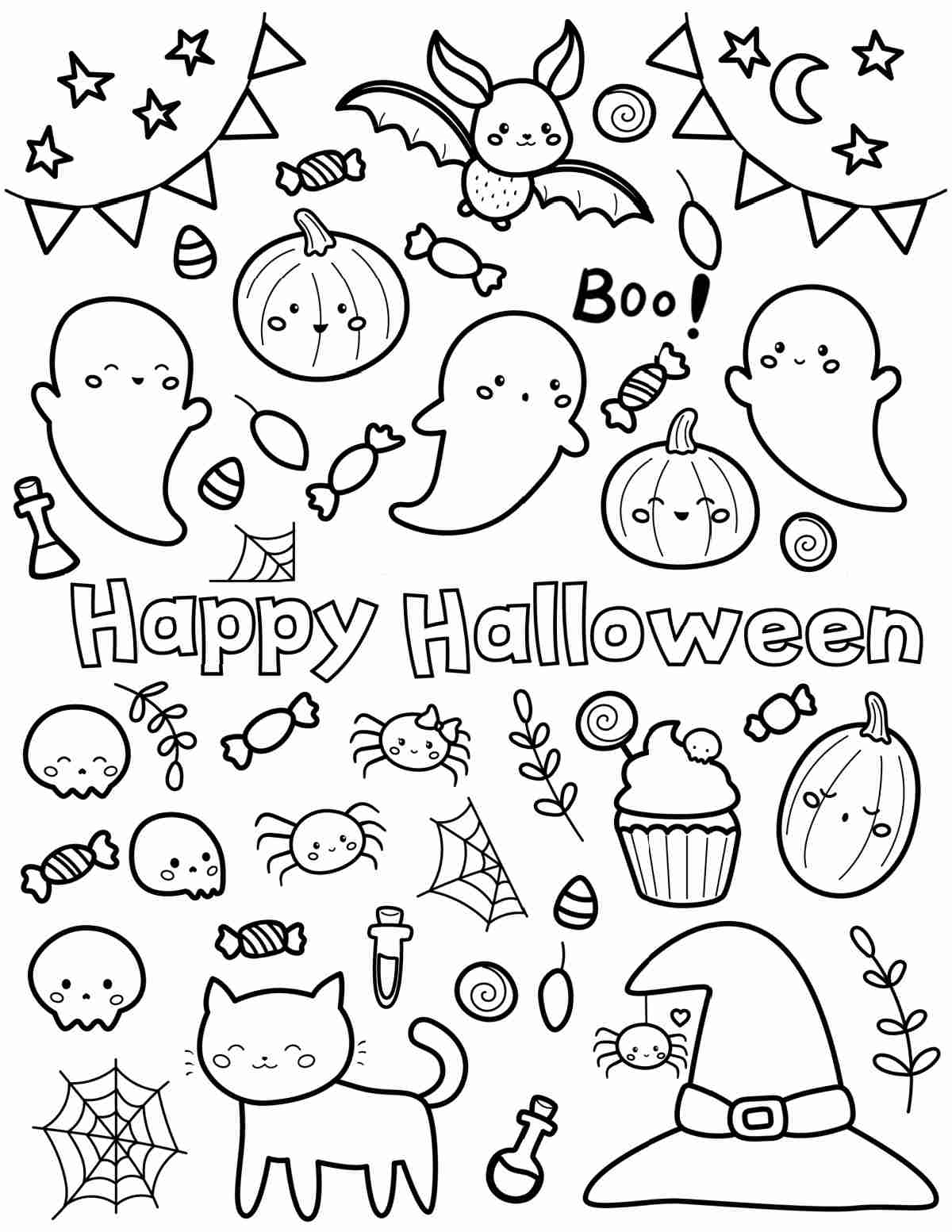 A free printable happy Halloween coloring pages printable featuring small symbols of Halloween like ghosts, witches hats, pumpkins and cats all around the words happy Halloween.