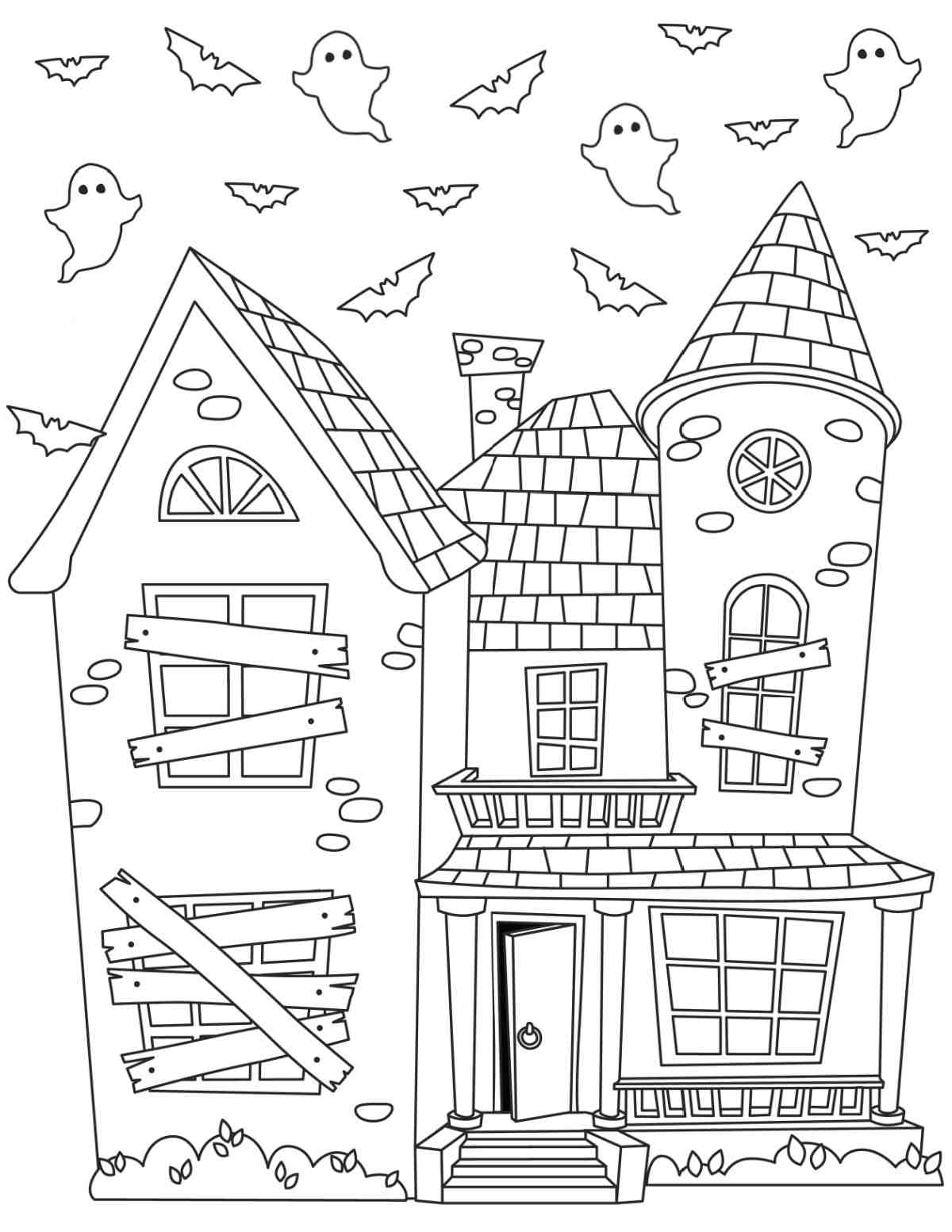A free haunted house coloring pages printable with ghosts flying around a castle that has boards over the windows, and door slightly open.