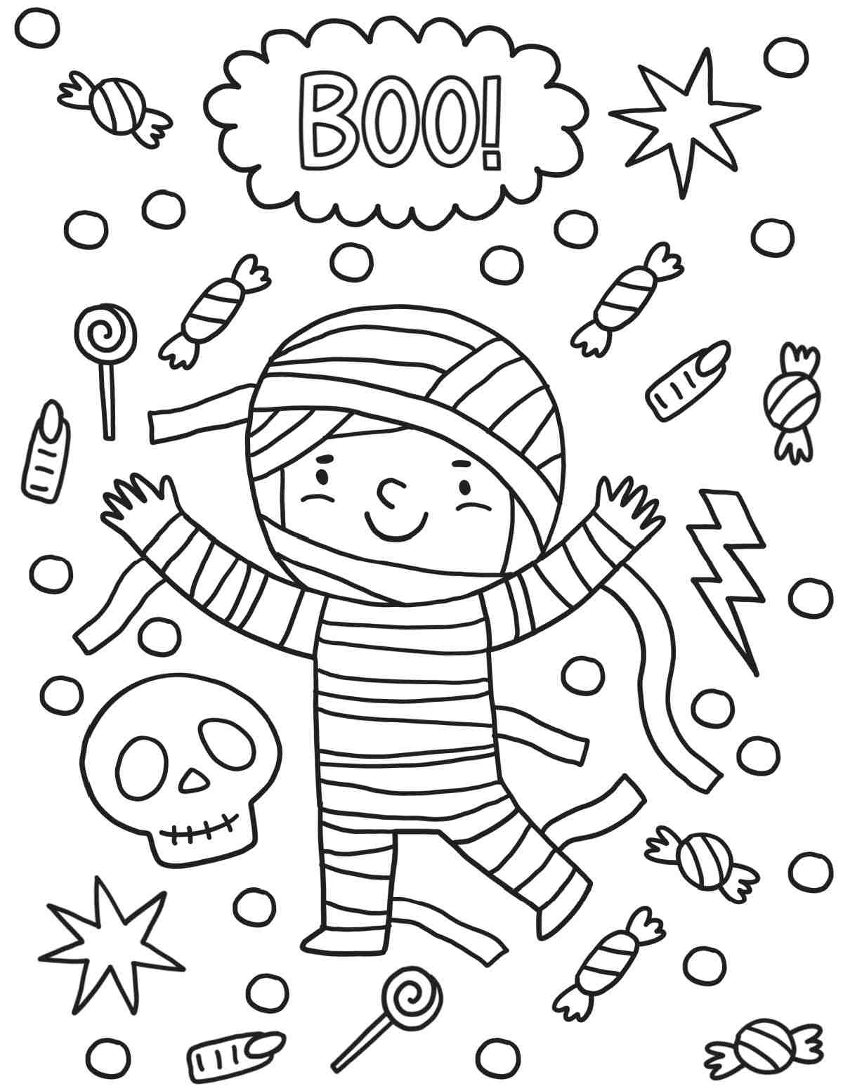 A free mummy coloring pages printable with a boy wrapped up like a mummy with the word boo above him, and Halloween items floating around him including candy, a witches finger and a skull.