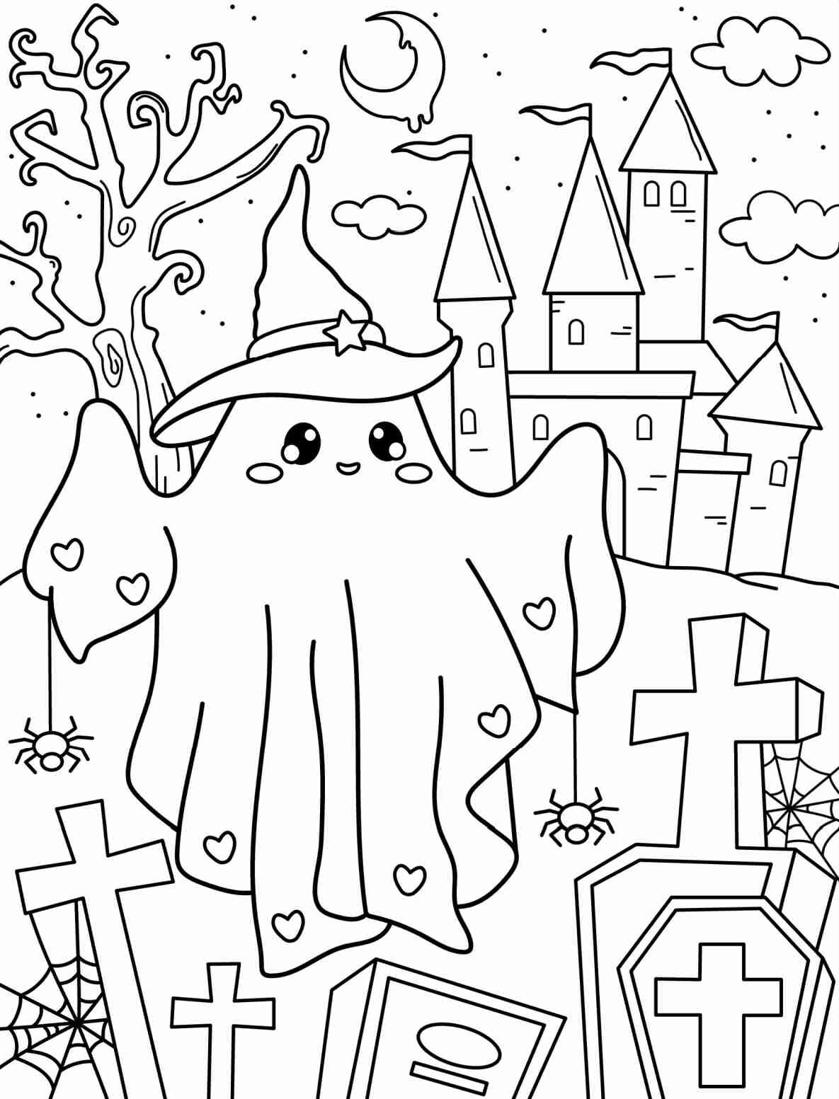A free printable ghost coloring pages that shows a ghost wearing a witches hat in a graveyard with a castle in the background.