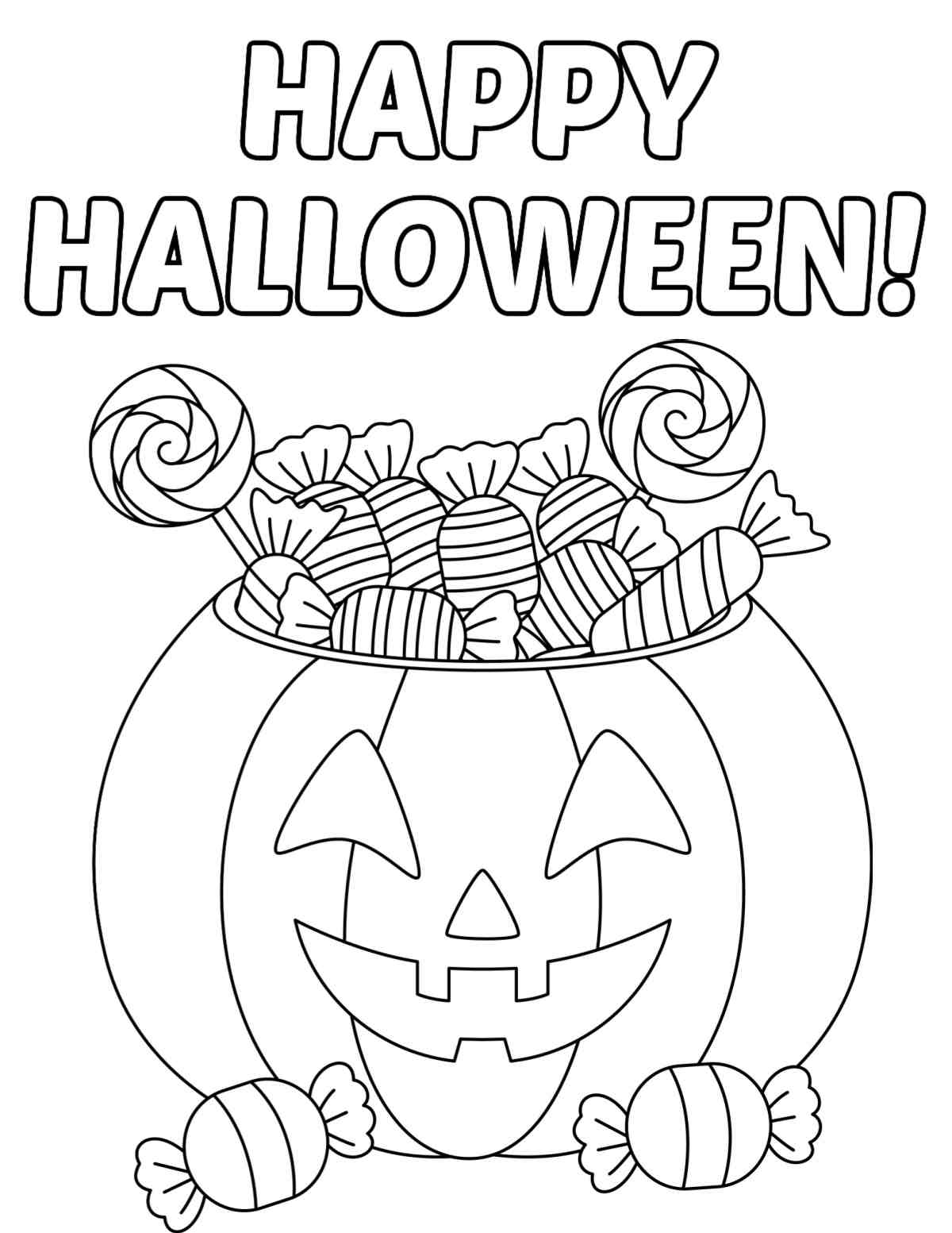 A happy Halloween coloring sheets printable with a jack o lantern bucket overflowing with candy with the words happy Halloween in bubble letters above it.
