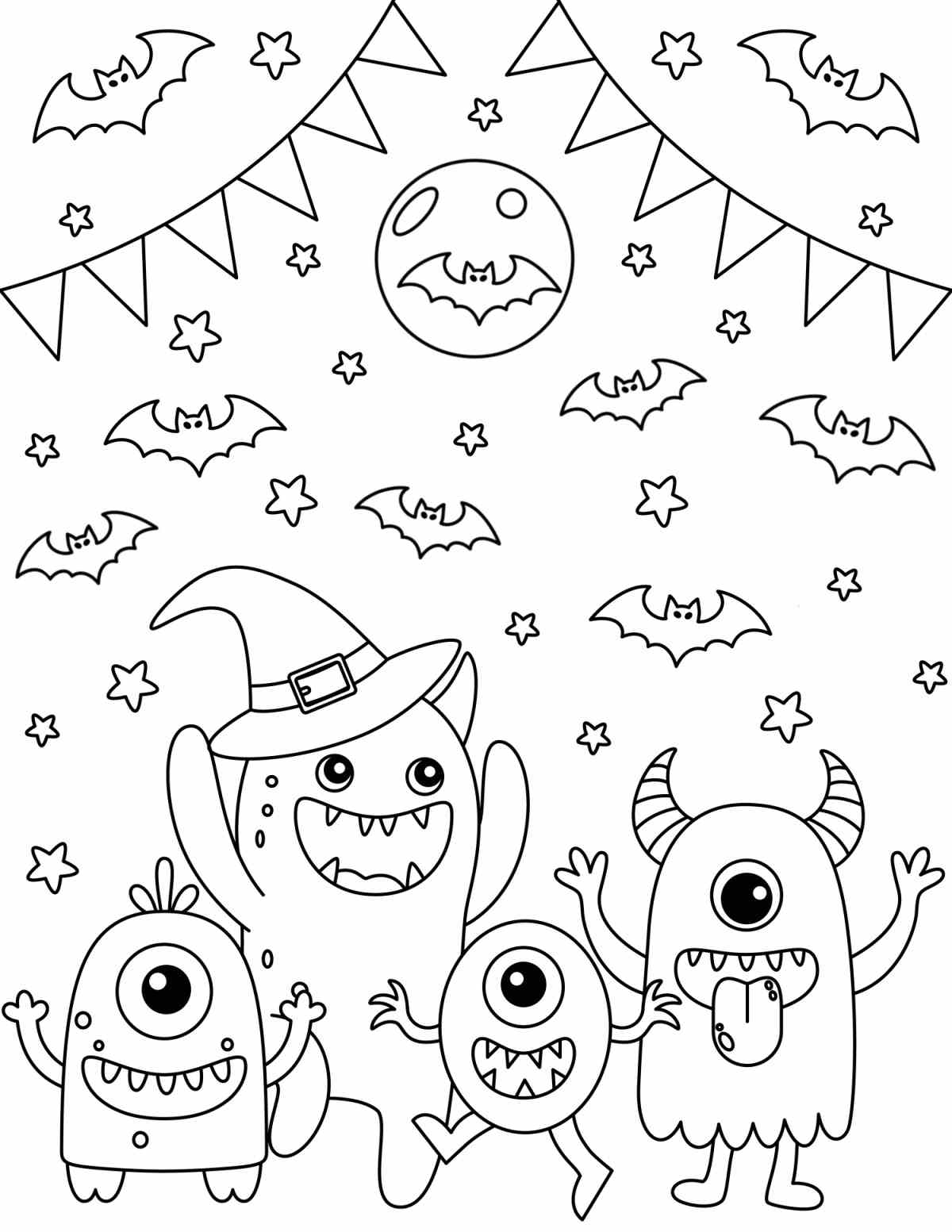 A free monster coloring pages printable depicting four cartoon monsters dancing under bunting with a moon and lots of bats above them.