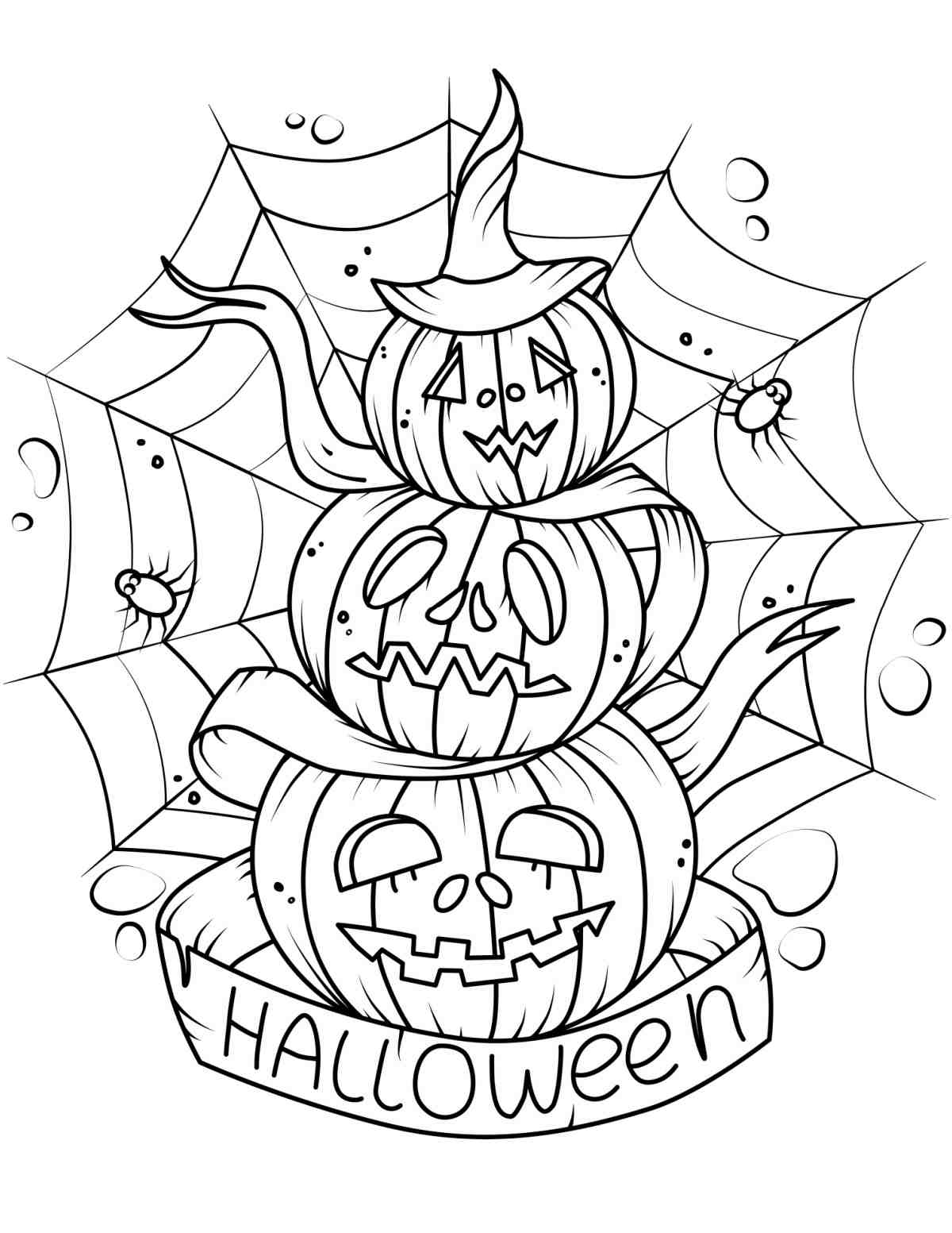 A free printable pumpkin coloring pages image with three pumpkins stacked on top of each other with a spider web behind them and the word Halloween in a banner below them.
