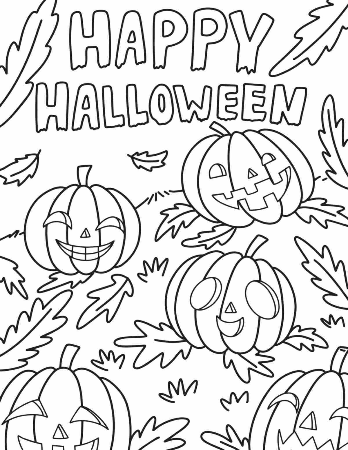 A free printable pumpkin coloring sheets image featuring 5 pumpkins in a pumpkin patch under the words happy Halloween.