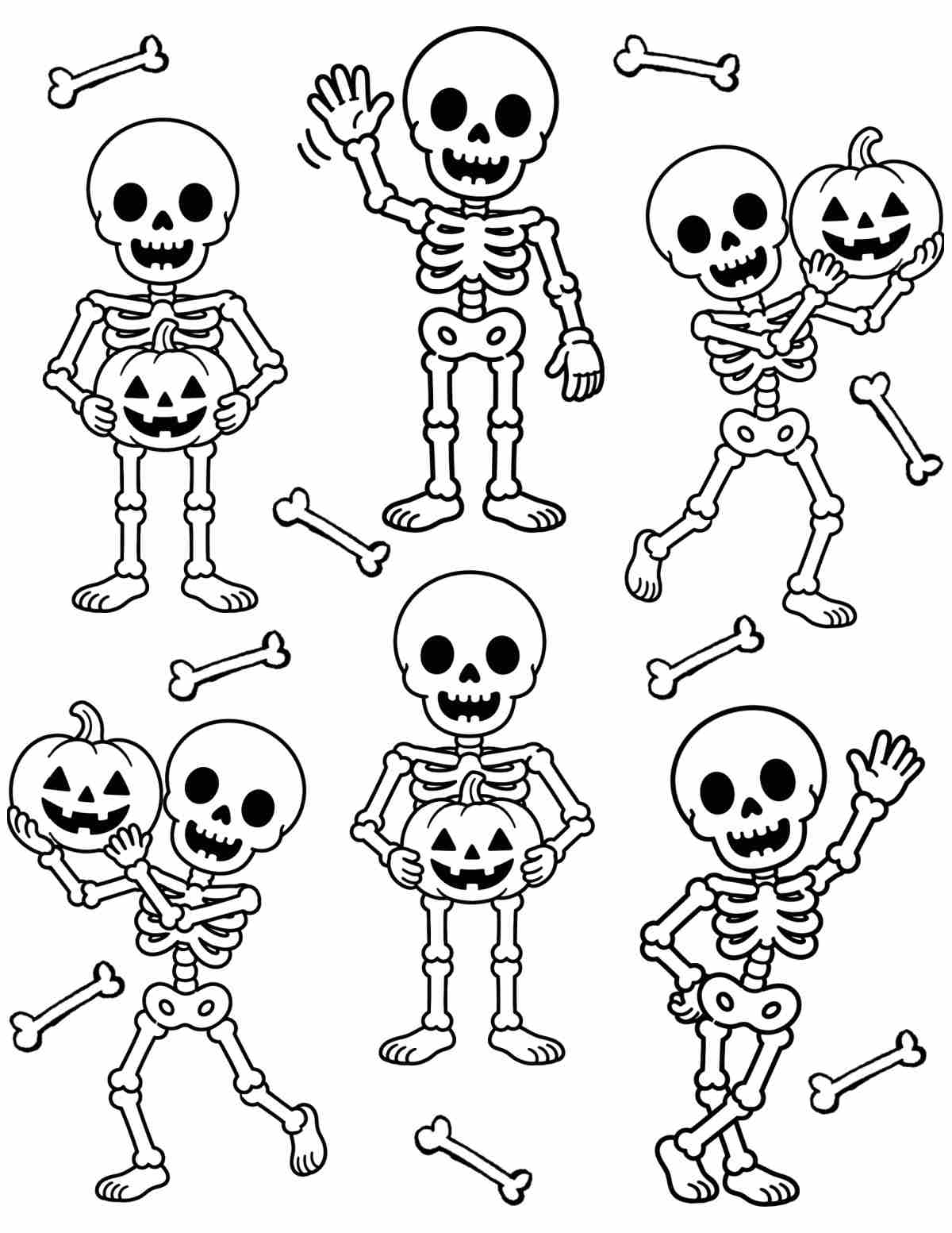 A free printable skeleton coloring pages image with six dancing skeletons, some of which are waving, and others are holding pumpkins.
