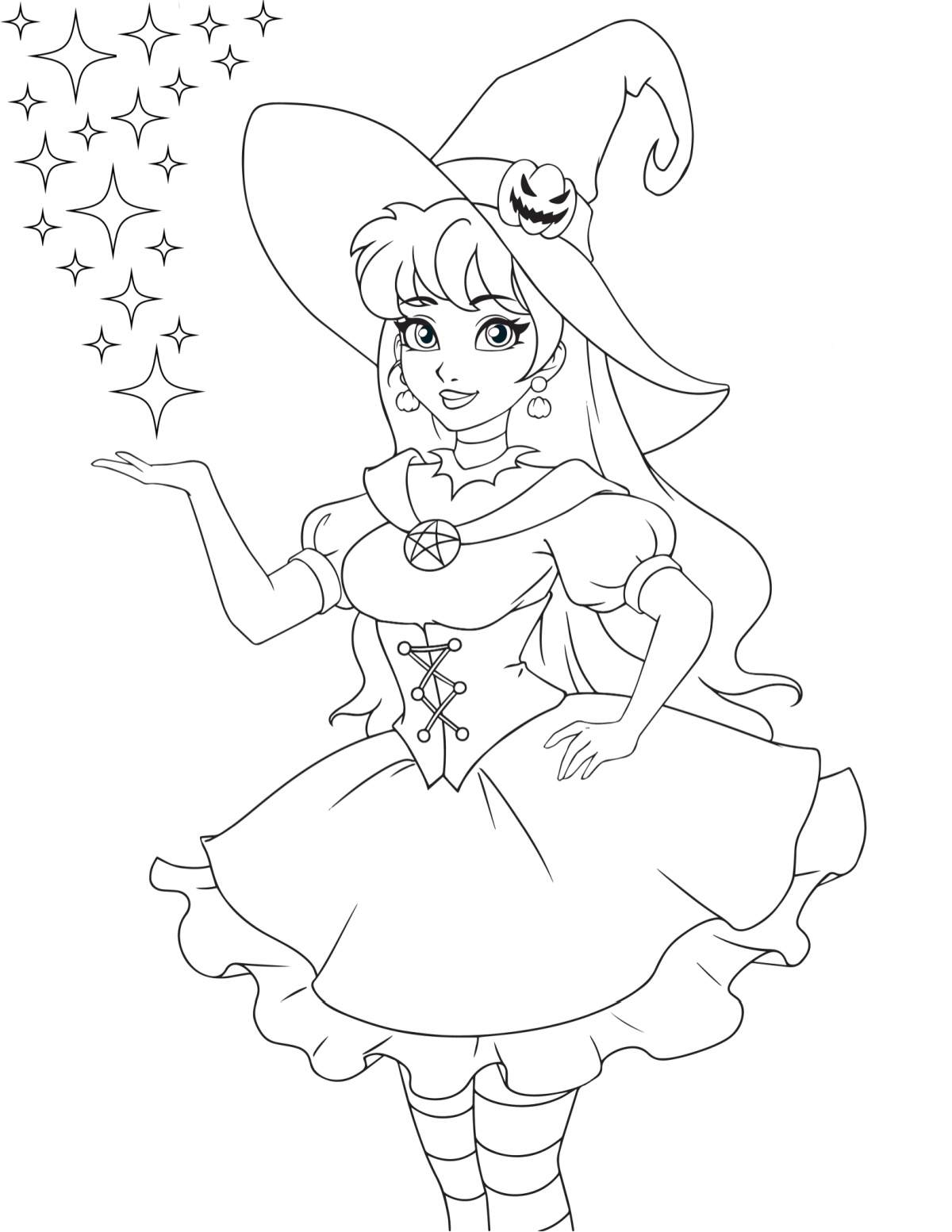 A witch coloring sheets printable featuring a witch wearing a dress and witches hat holding out her hand and stars are coming out of it.