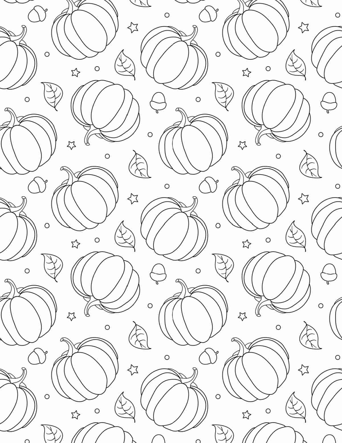 A free pumpkin coloring page printable that is completely covered with small pumpkins and leaves.