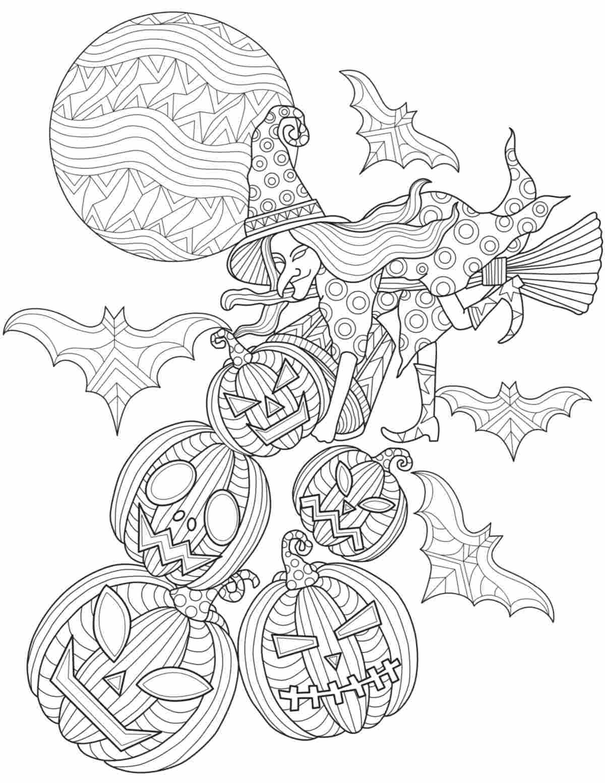 A free printable witch coloring pages with a witch flying in front of the moon, dropping jack o lantern beneath her, with several bats flying around her.
