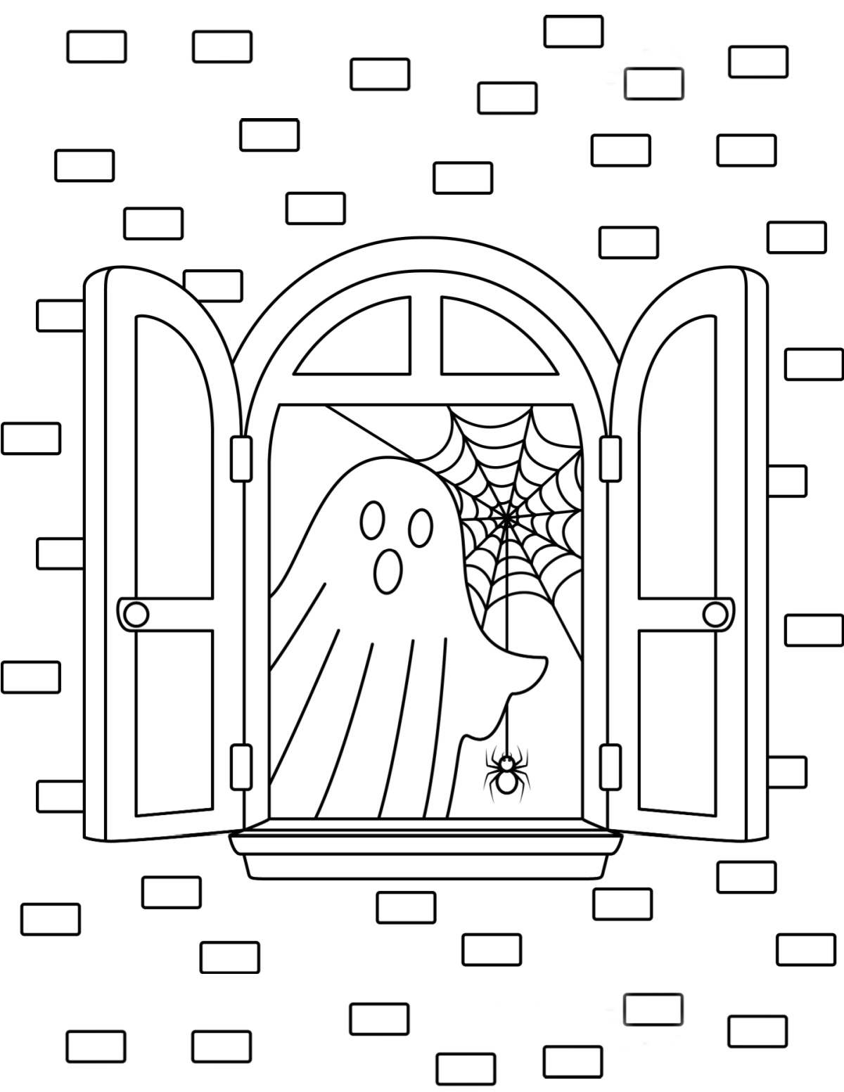 A ghost coloring sheets featuring a single ghost looking out an open window with one small spider hanging from a spiderweb behind it.