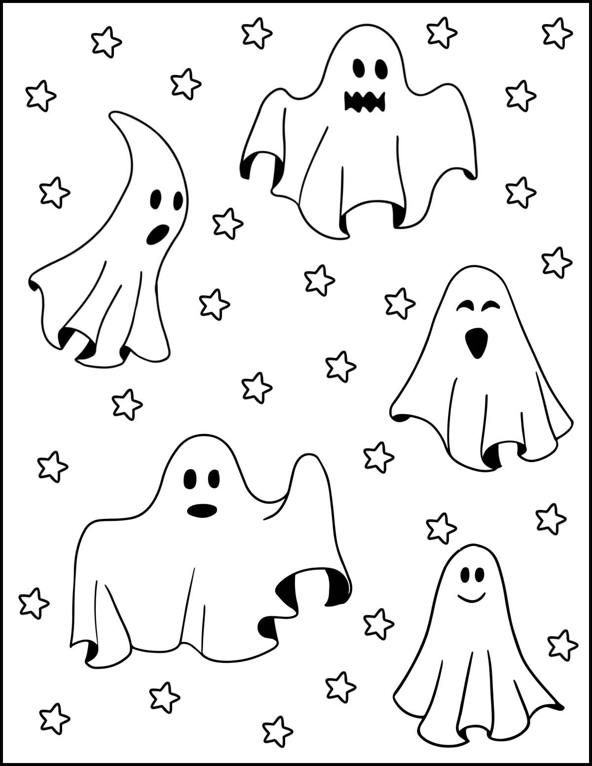 A ghosts coloring pages printable with five ghosts floating in the air surrounded by stars.