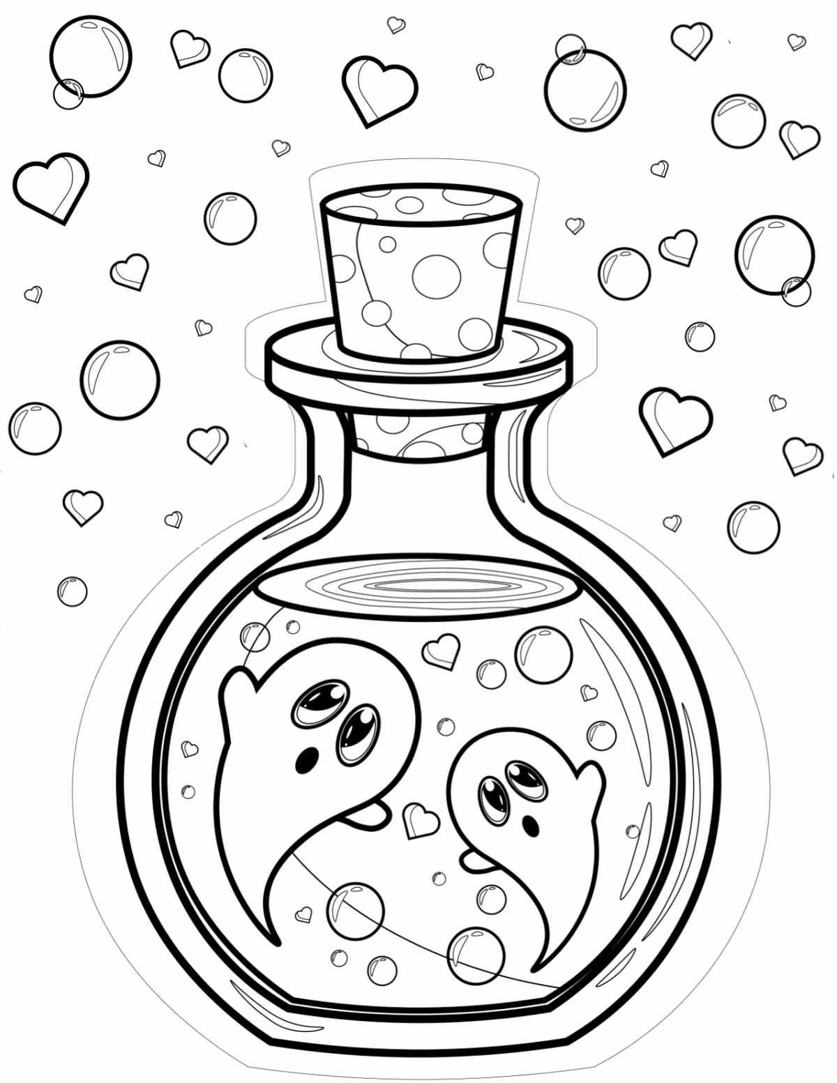A ghost coloring sheets printable with two ghosts inside of a potion bottle with hearts and bubbles above the bottle.