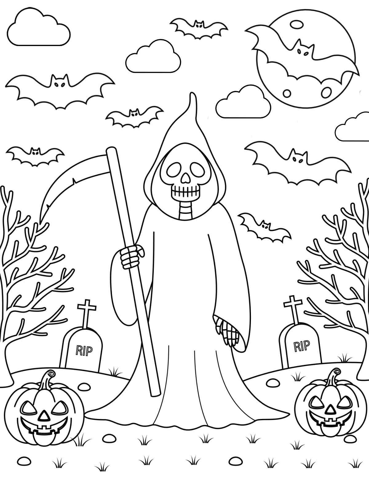 A grim reaper coloring pages printable featuring the reaper holding a scythe in a field with two jack o lantern on the ground, and bats flying in the air.