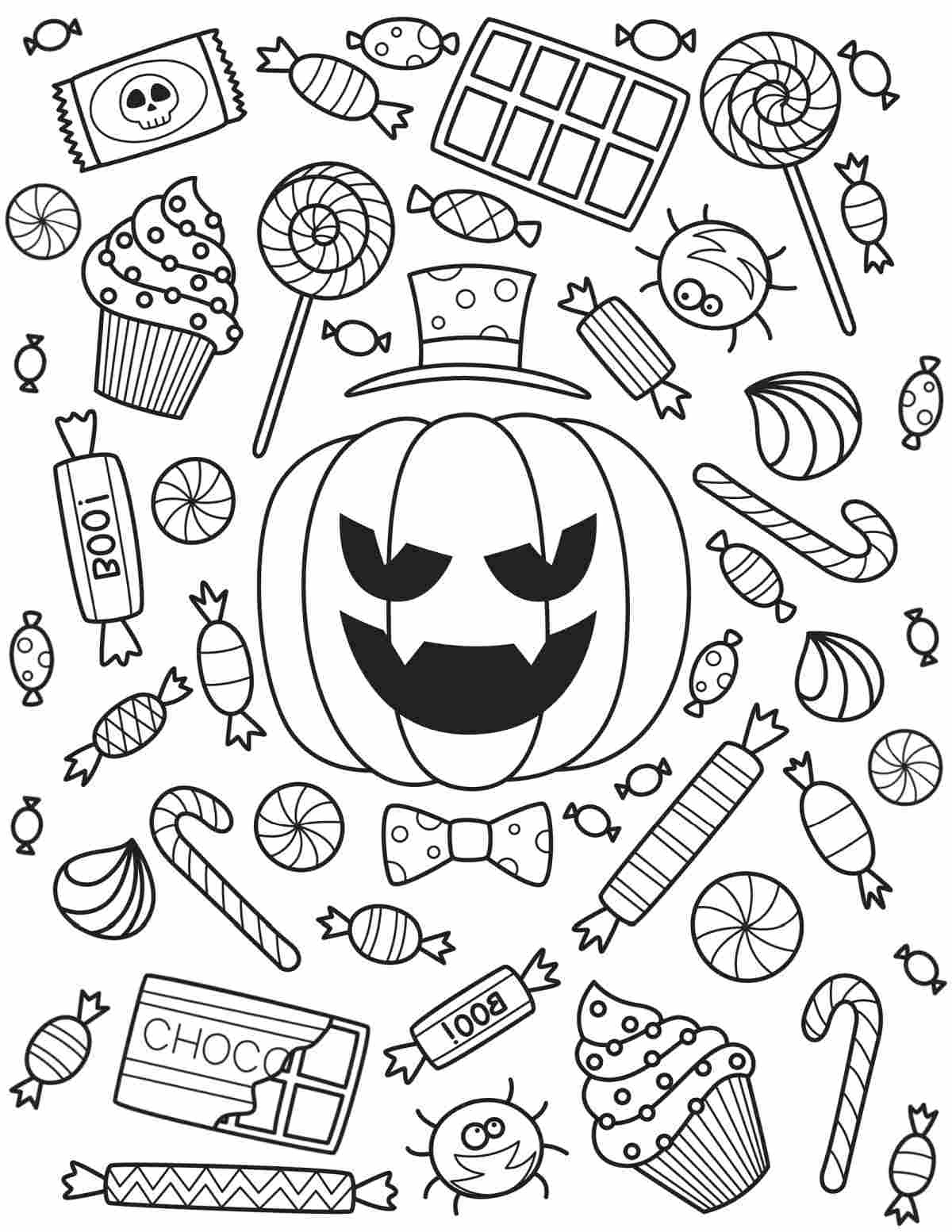 A Halloween candy coloring sheets printable with a jack o lantern in the center, surrounded by Halloween candy.
