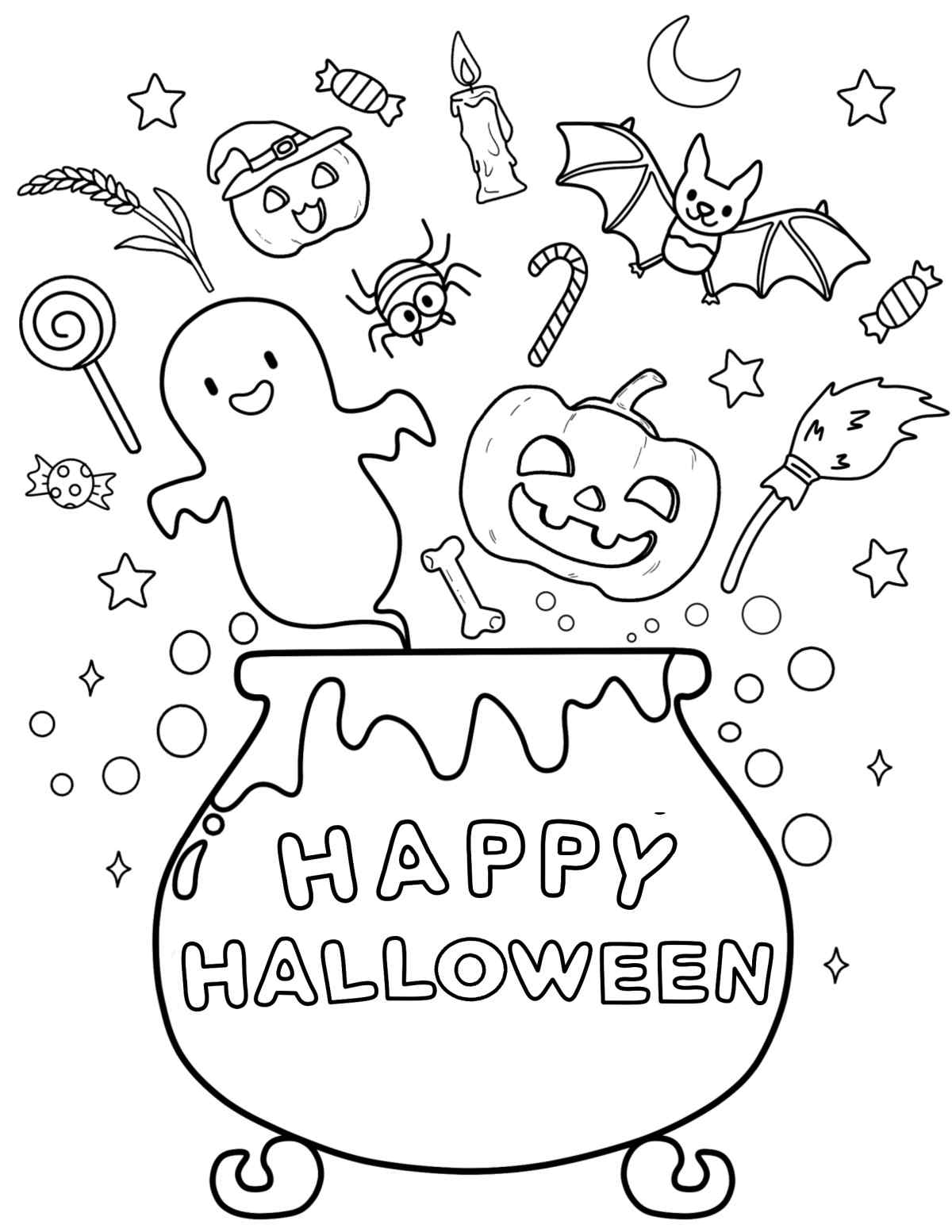 A free happy Halloween coloring pages printable featuring a cauldron with the words happy Halloween on it, with ghosts, bats, jack o lanterns, and other Halloween symbols coming out of the cauldron.